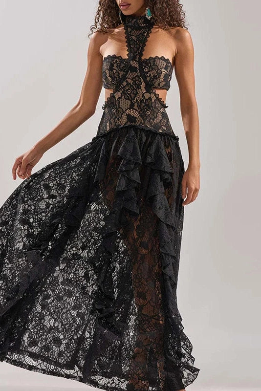 Glorol - Lace Hollow Out Sleeveless High Waist Pleated Maxi Dress