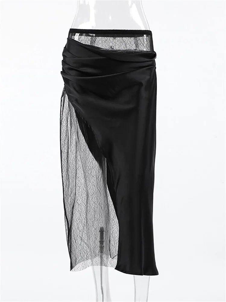 Glorol - High Waist PU Leather Patchwork Lace Skirt