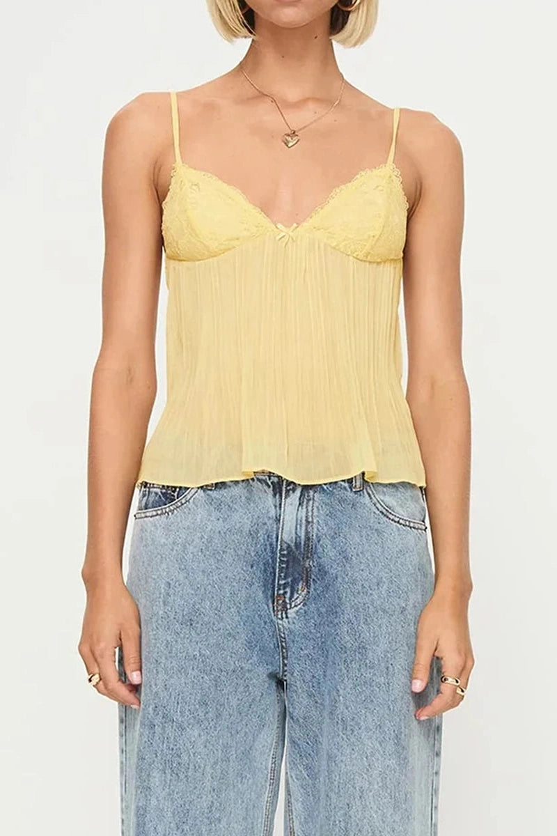 Glorol - Pleated Spaghetti Strap V-Neck Lace Top