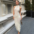 Glorol - Pleated High Neck Backless Maxi Dress