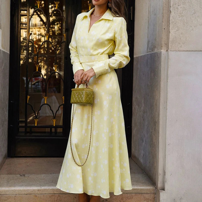Glorol - Printed V Neck Long Sleeve A-Line Maxi Dress