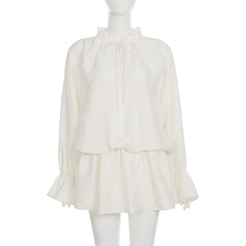 Glorol - Deep V-Neck Lace Up Patchwork Single Breasted Mini Dress