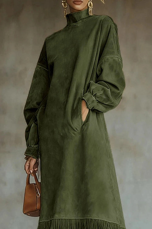 Glorol - Elegant High Collar Loose A-Line High Waist Pocket Midi Dress