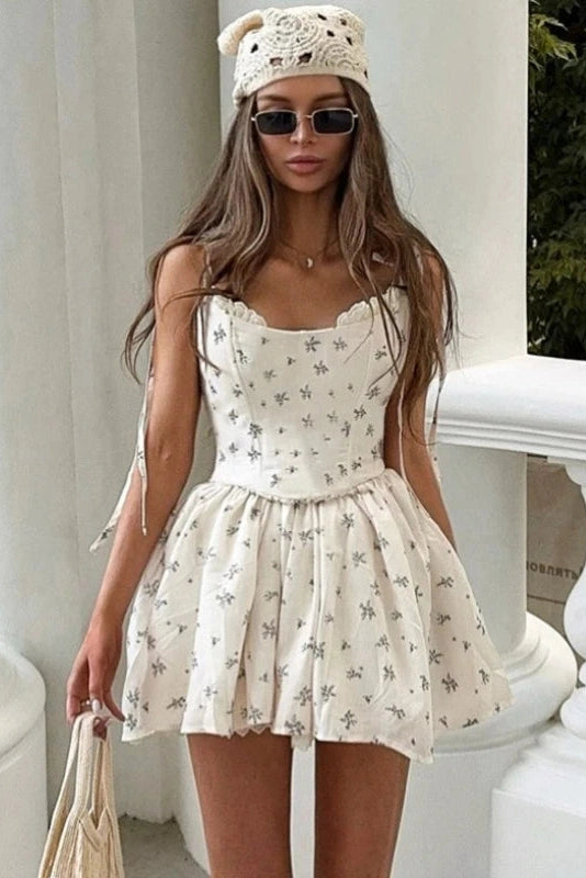 Glorol - Elegant Floral Print Pleated Straps Sleeveless Slim Mini Dress