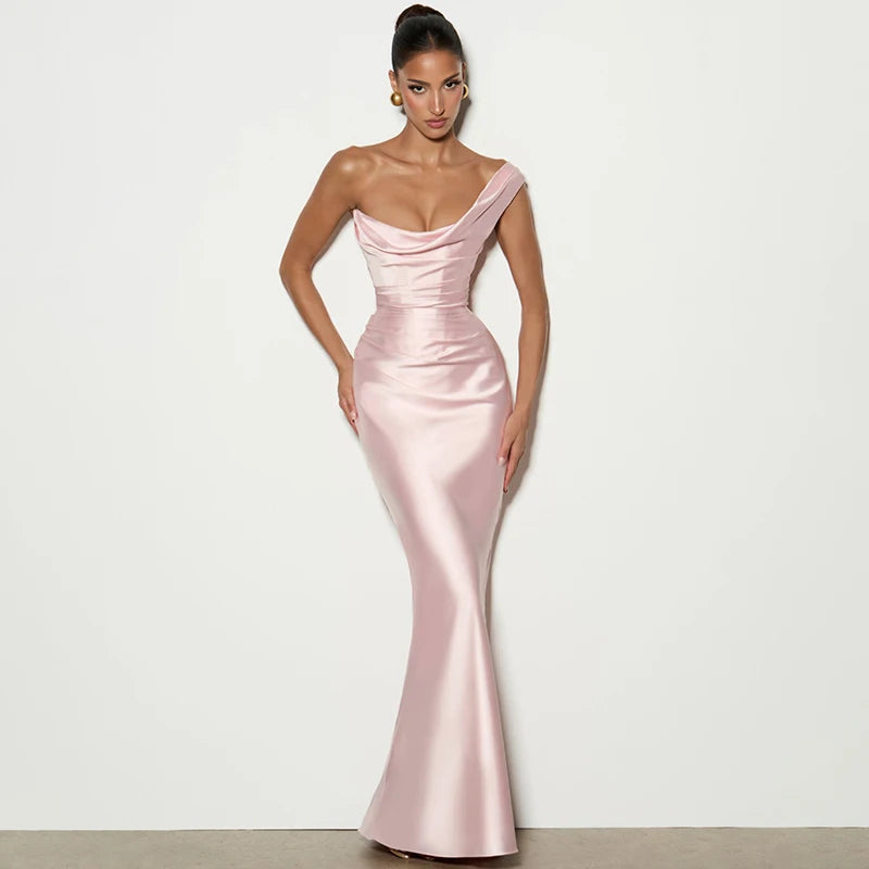 Glorol - One Shoulder Sleeveless Pleated Lace-Up Maxi Dress