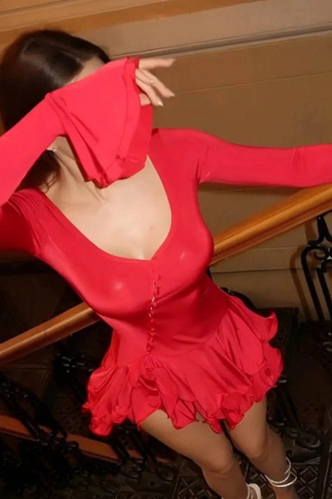 Glorol - Flare Sleeve Single-Breasted V Neck Slim A-Line Irregular Mini Dress
