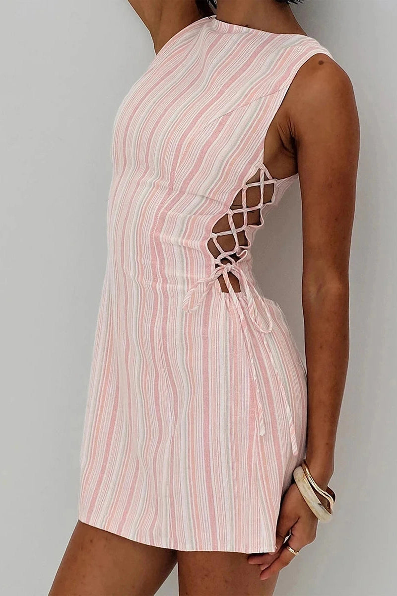 Glorol - Sleeveless Stripe Print Tie-Up Mini Dress