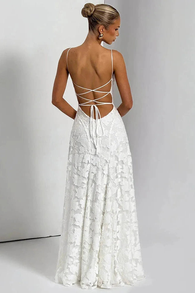 Glorol - Spaghetti Strap Backless Off-Shoulder Sleeveless Lace-Up Maxi Dress