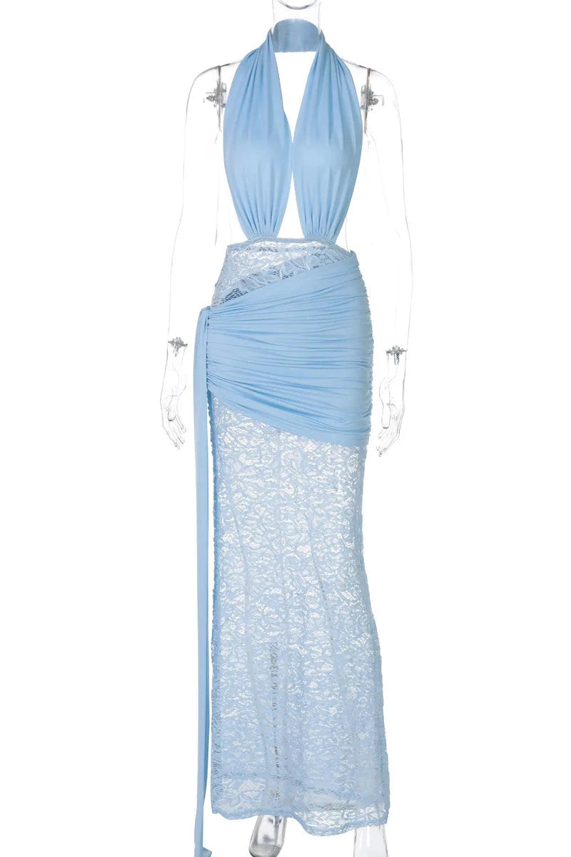 Glorol - Deep V Neck Lace Sleeveless Backless Bodycon Maxi Dress