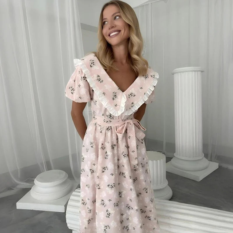 Glorol - Printed Short Sleeve Lace-Up Midi Dress