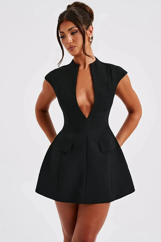 Glorol - Sleeveless Deep V Neck A-line Mini Dress