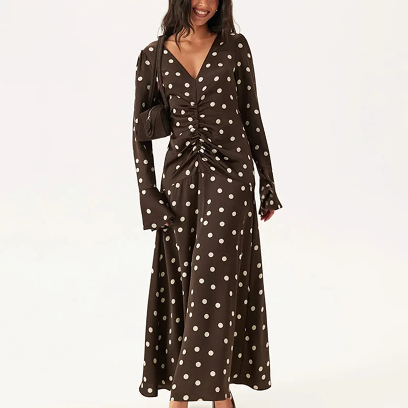 Glorol - Elegant V-Neck Polka Dot Patchwork Maxi Dress