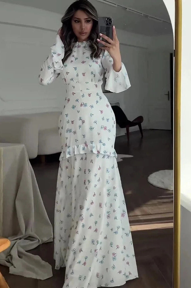 Glorol - Printed Long Sleeve Slim Fit Lace Maxi Dress