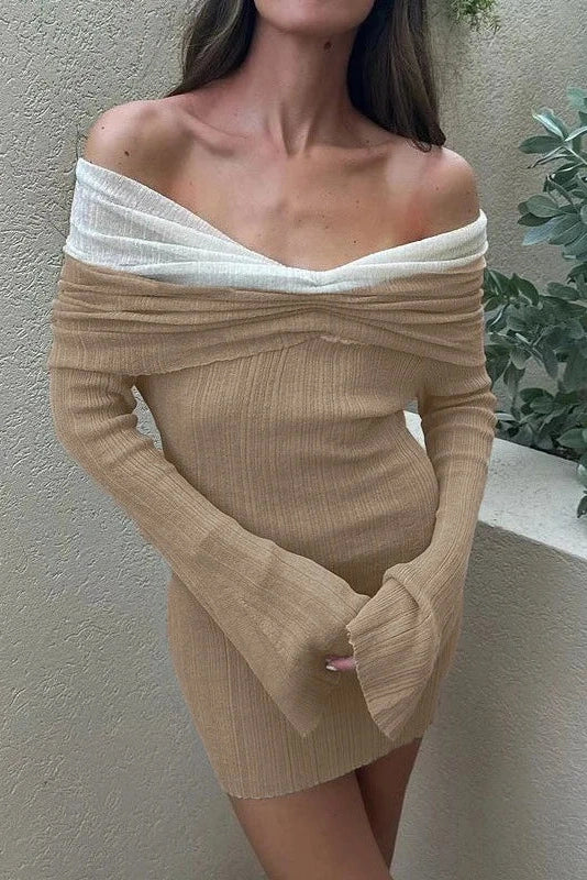 Glorol - Off-Shoulder Knitted Long Sleeve Slim Backless Mini Dress