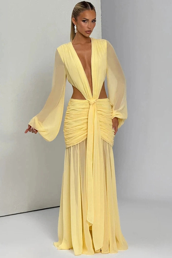 Glorol - Hollow Out Deep V Neck Long Sleeve Backless Maxi Dress