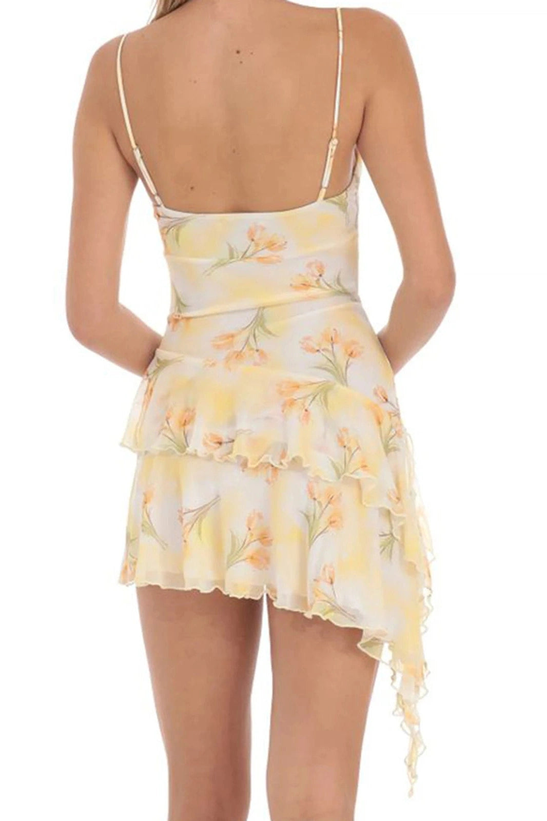 Glorol - Floral Print Sleeveless Bodycon Irregular Mini Dress