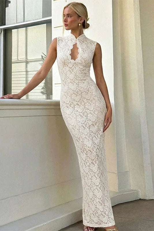 Glorol - Hollow Out Lace Sleeveless Slim Maxi Dress