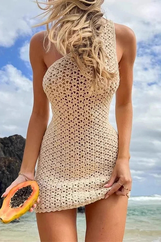 Glorol - See-Through Backless Slash Collar Knitted Mini Dress