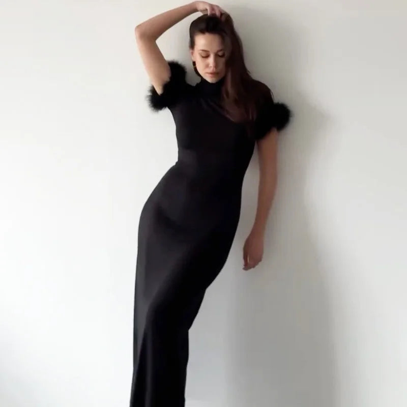 Glorol - Elegant Patchwork High Collar Maxi Dress