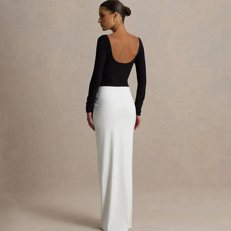 Glorol - Backless Round Neck Patchwork Long Sleeve Maxi Dress
