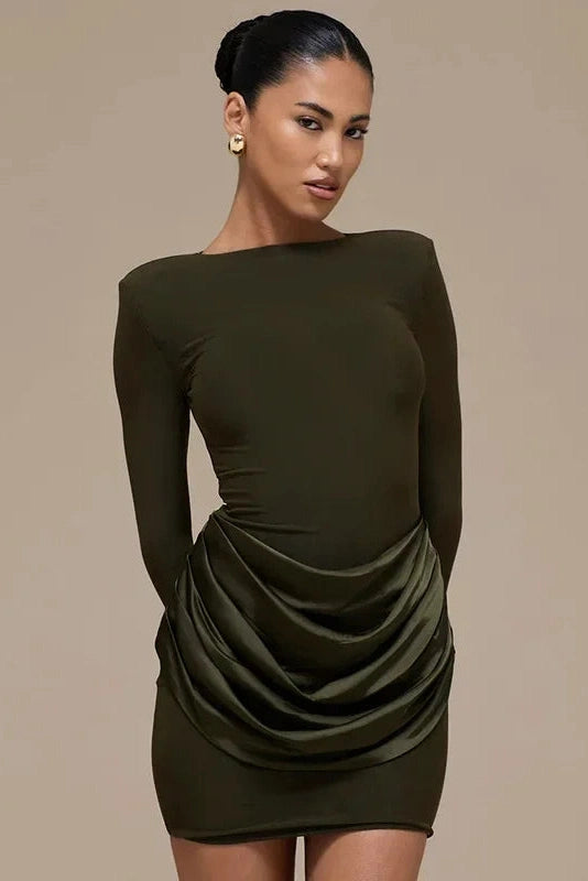 Glorol - Elegant Pleated Slim Round Neck Long Sleeve Mini Dress