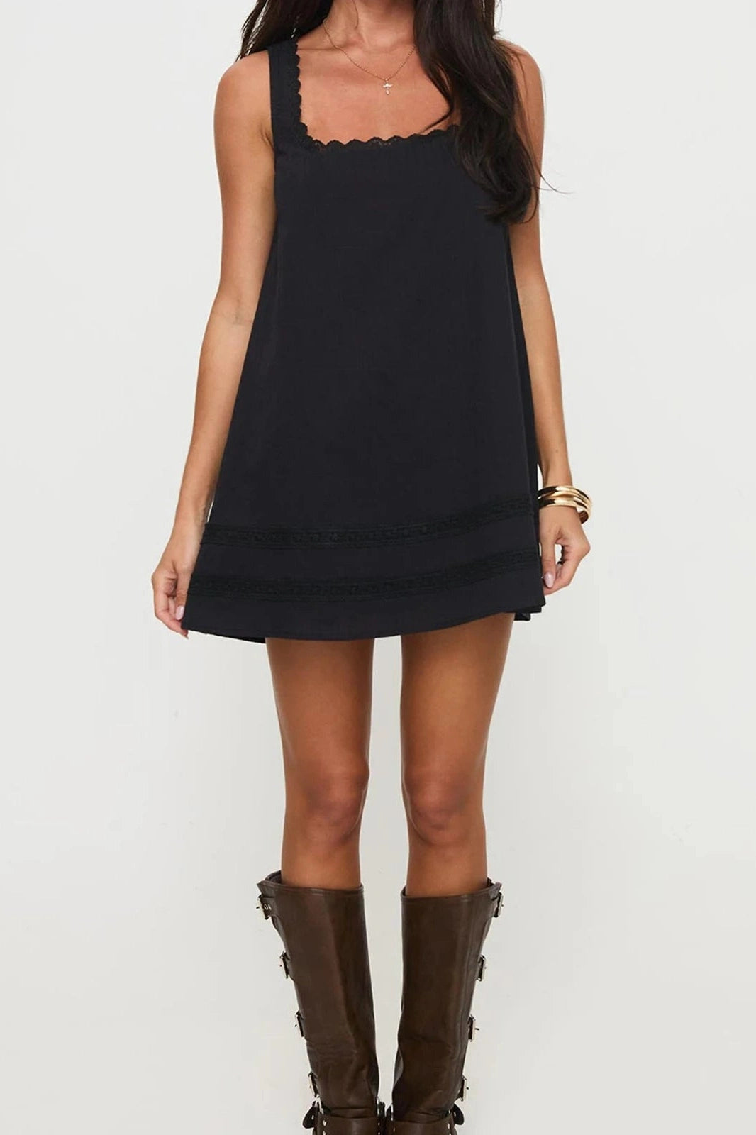 Glorol - Lace Patchwork Square Neck Sleeveless Loose Mini Dress