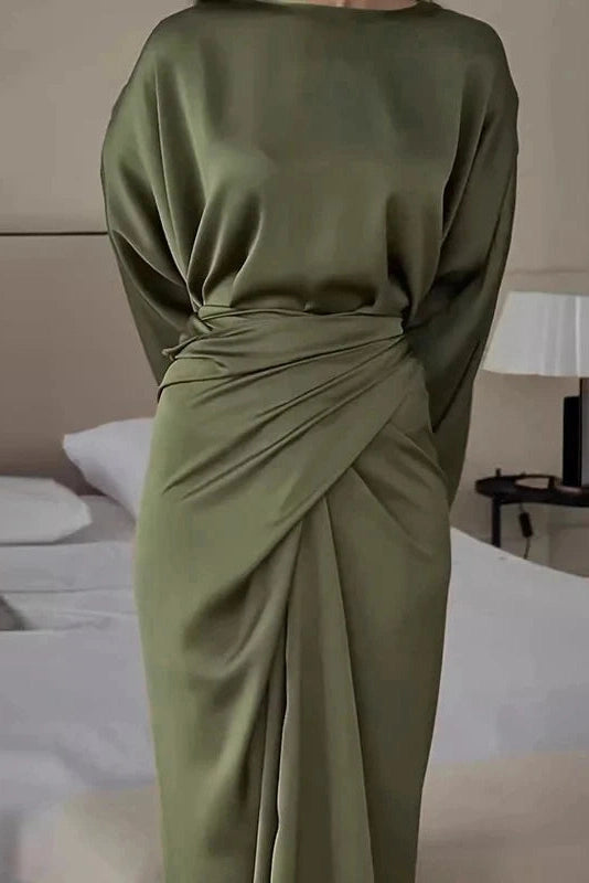 Glorol - Elegant Tie-up Waisted O Neck Sleeves Maxi Dress