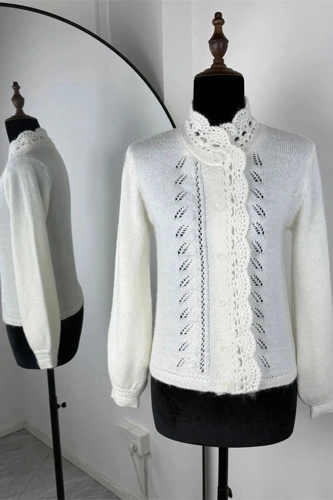 Glorol - Hollow Out Printed Loose Long Sleeve Patchwork Top
