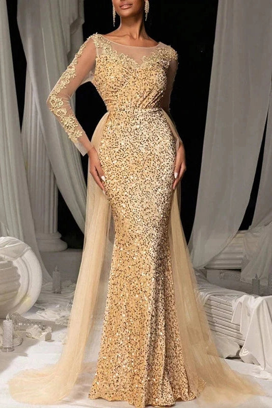 Glorol - Elegant High Waist Long Sleeve Slim V-Neck Lace Maxi Dress