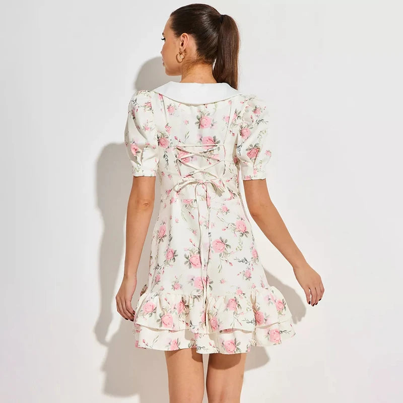 Glorol - Printed Puff Sleeves V-Neck High Waist Mini Dress
