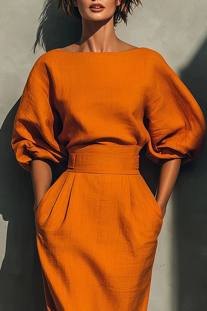 Glorol - Elegant A-Line O-Neck Lantern Sleeve High Waist Pleated Midi Dress