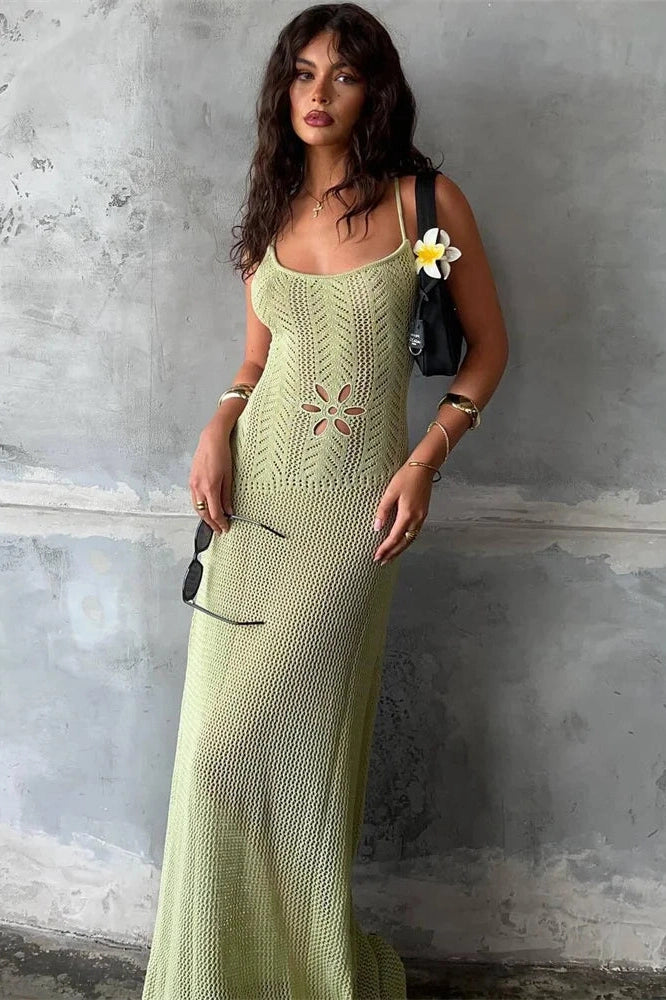 Glorol - Hollow Out Printed High Waist Backless Maxi Dress