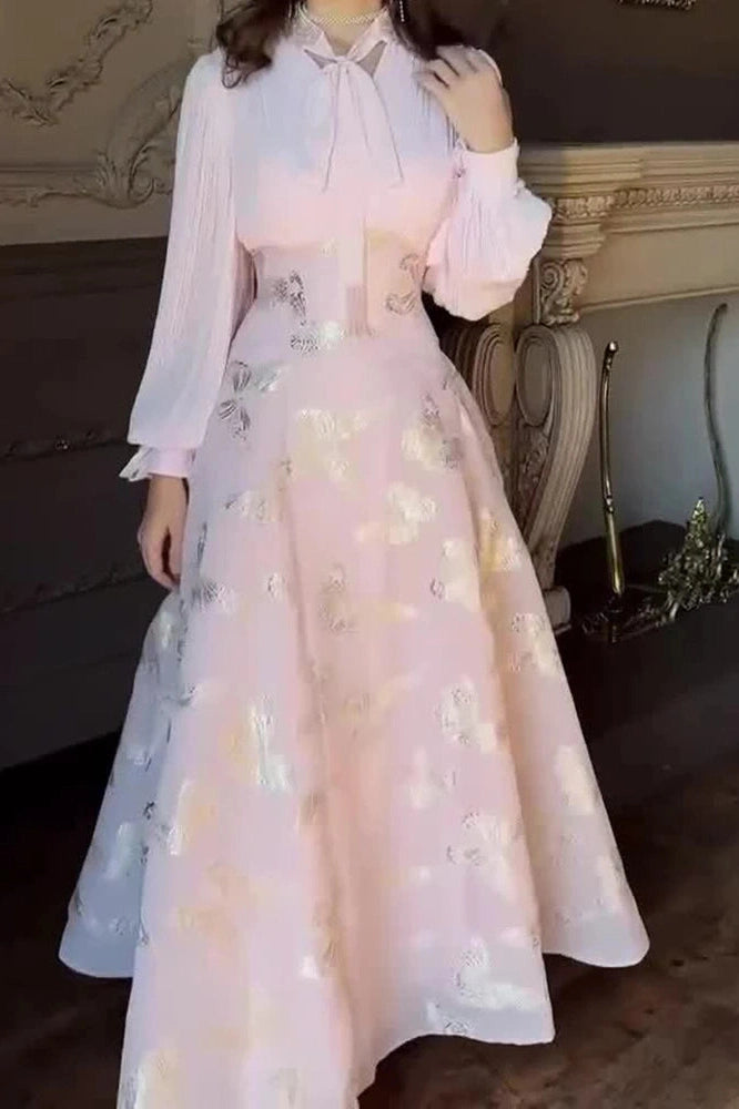 Glorol - Elegant High Waist Printed Long Sleeve Pleated Maxi Dress