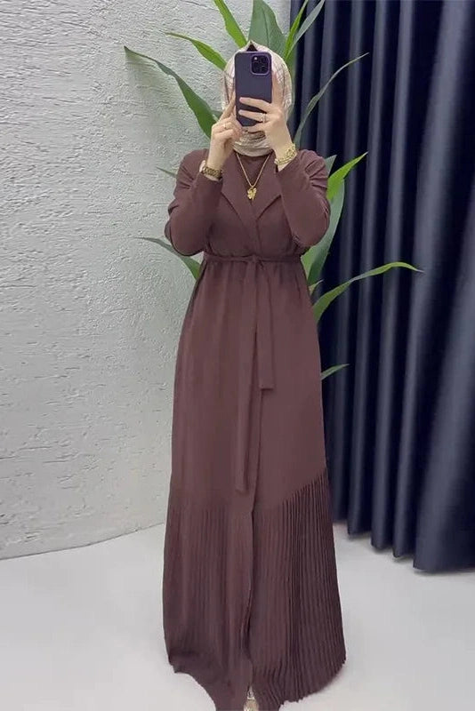 Glorol - Elegant O-Neck Long Sleeve High Waist Pleated Maxi Dress