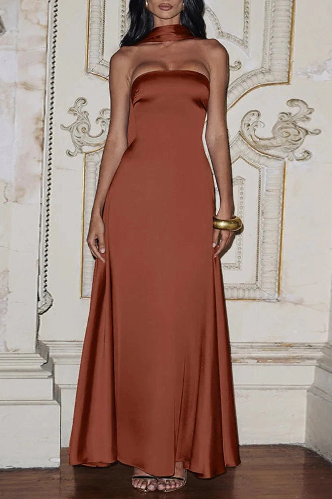Glorol - Off-Shoulder Strapless Scarf Collar Sleeveless Backless Bodycon Maxi Dress