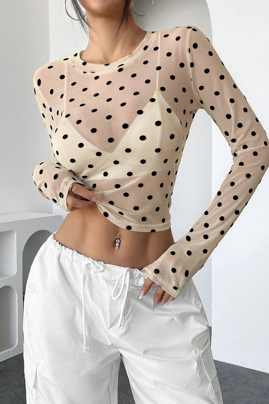 Glorol - See-Through O-Neck Long-Sleeved Slim Top