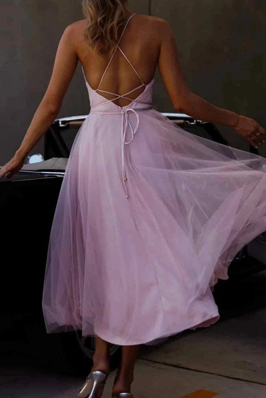 Glorol - Backless Sleeveless Pleated High Waist Midi Dress