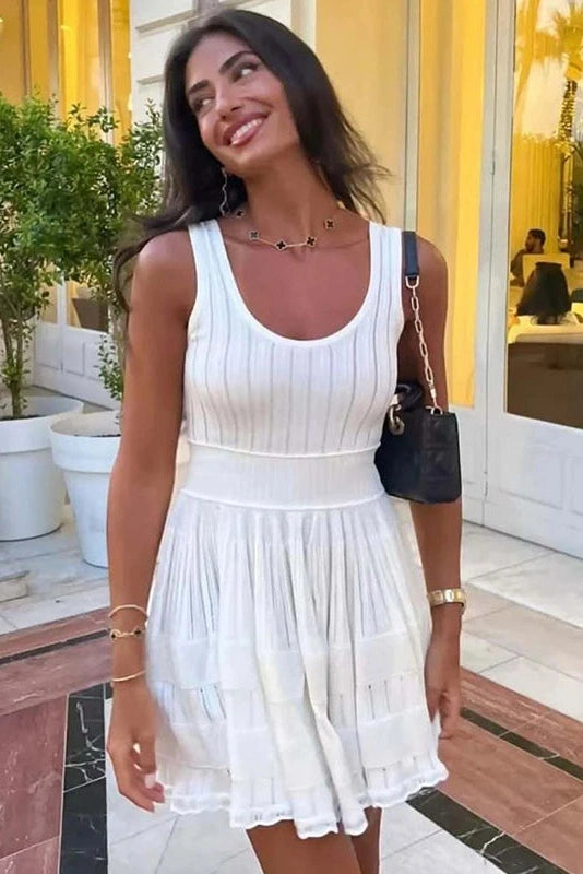 Glorol - Hollow-Out Slim Knitted Sleeveless A-Line High Waist Mini Dress