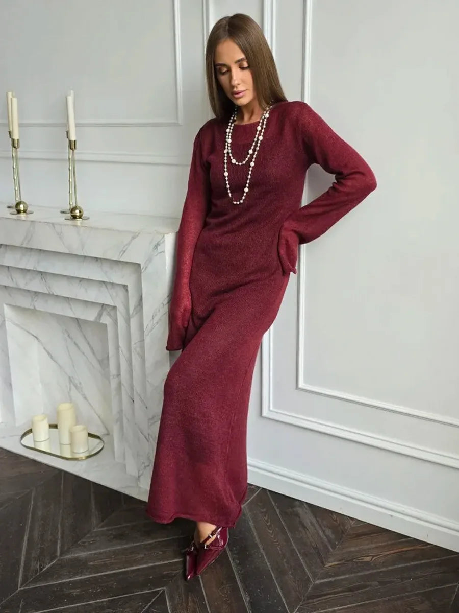 Glorol - See Through Loose Long Sleeve Knitted Maxi Dress