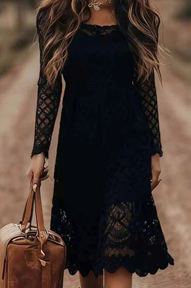Glorol - Lace Embroidery U-Collar Long Sleeve High Waist Midi Dress