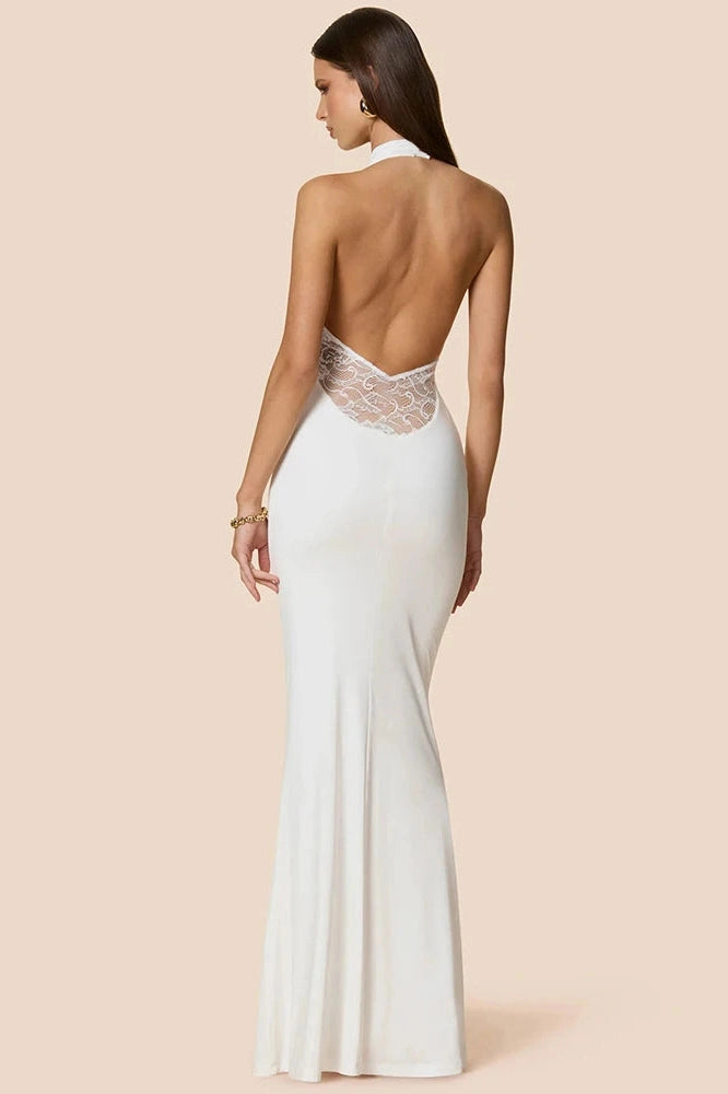 Glorol - Lace V Neck Lace Off-Shoulder Backless Bodycon Maxi Dress