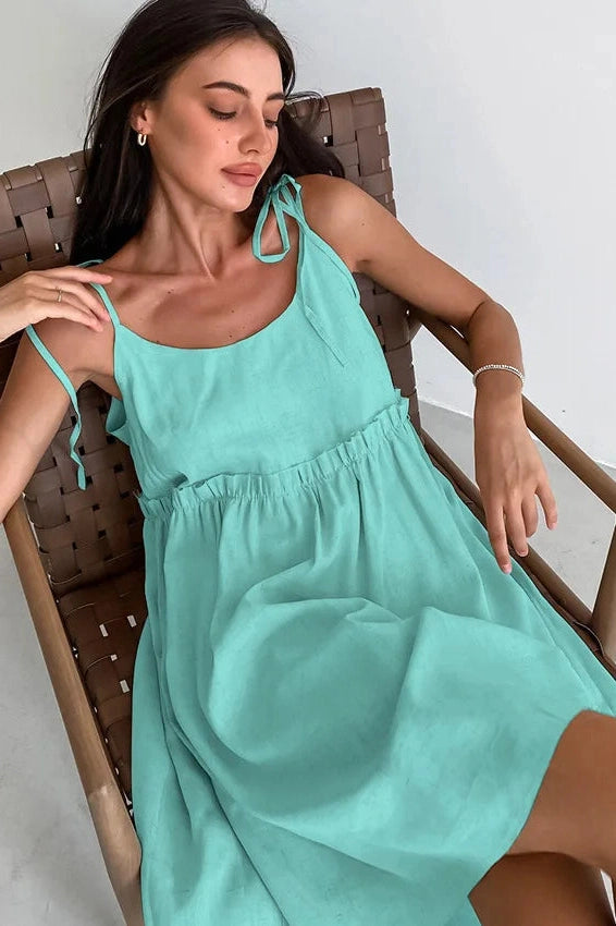 Glorol - Spaghetti Strap Loose Cotton Lace Up Mini Dress