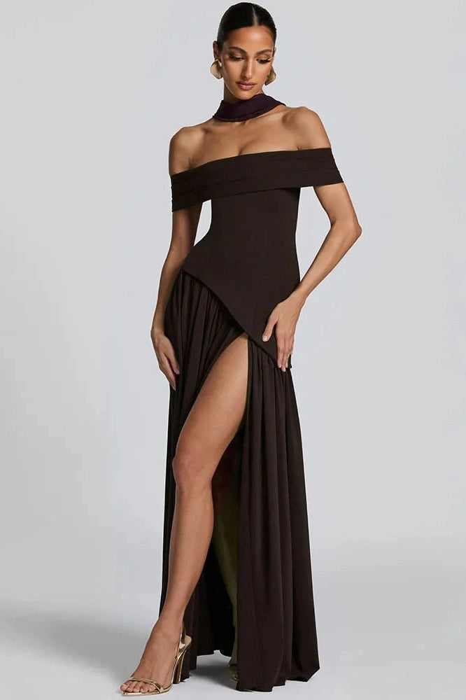 Glorol - Off-Shoulder Backless Strapless Sleeveless Pleated High Split Maxi Dress