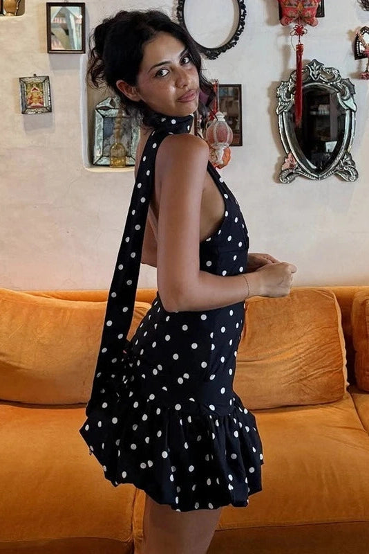 Glorol - Elegant Scarf Polka Dot Backless Mini Dress