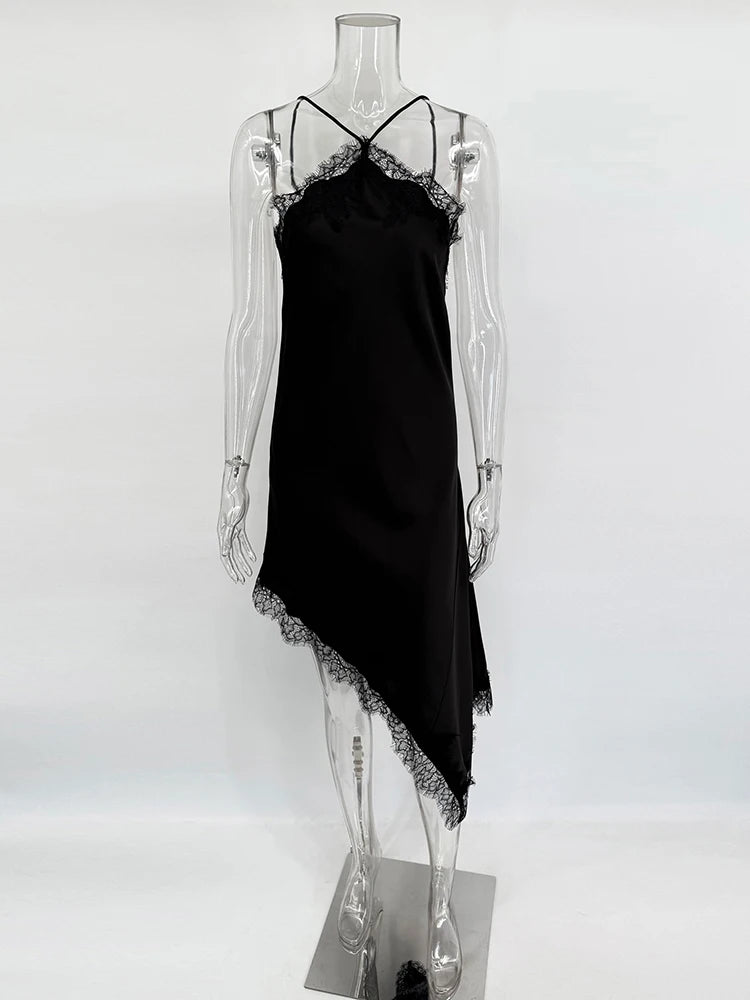 Glorol - Lace Backless Spaghetti Strap Irregular Midi Dress