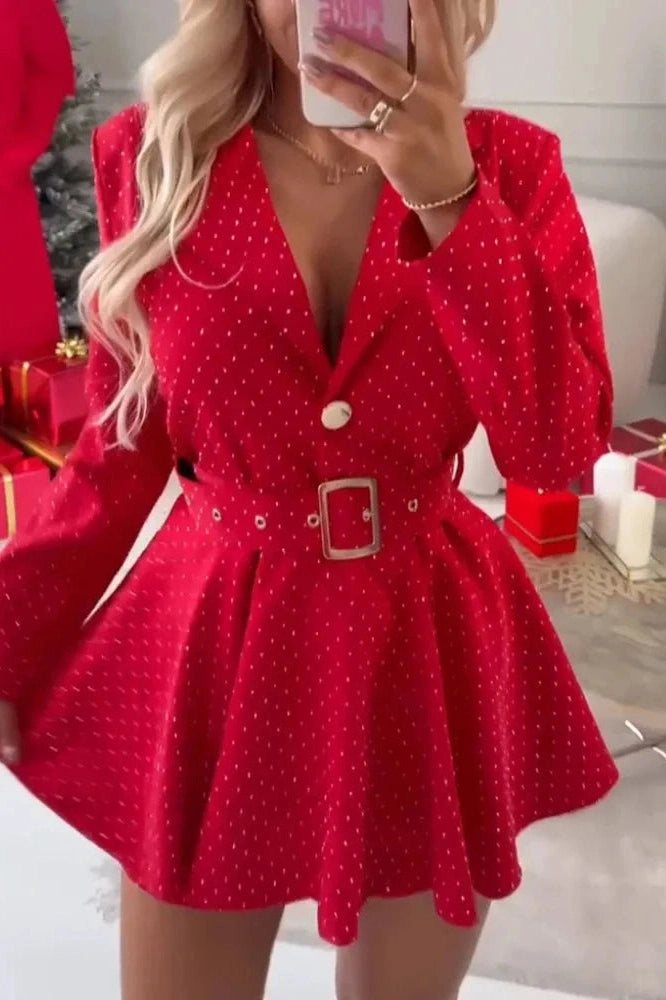 Glorol - Elegant Long Sleeve Pleated High Waist Slim Printed Mini Dress