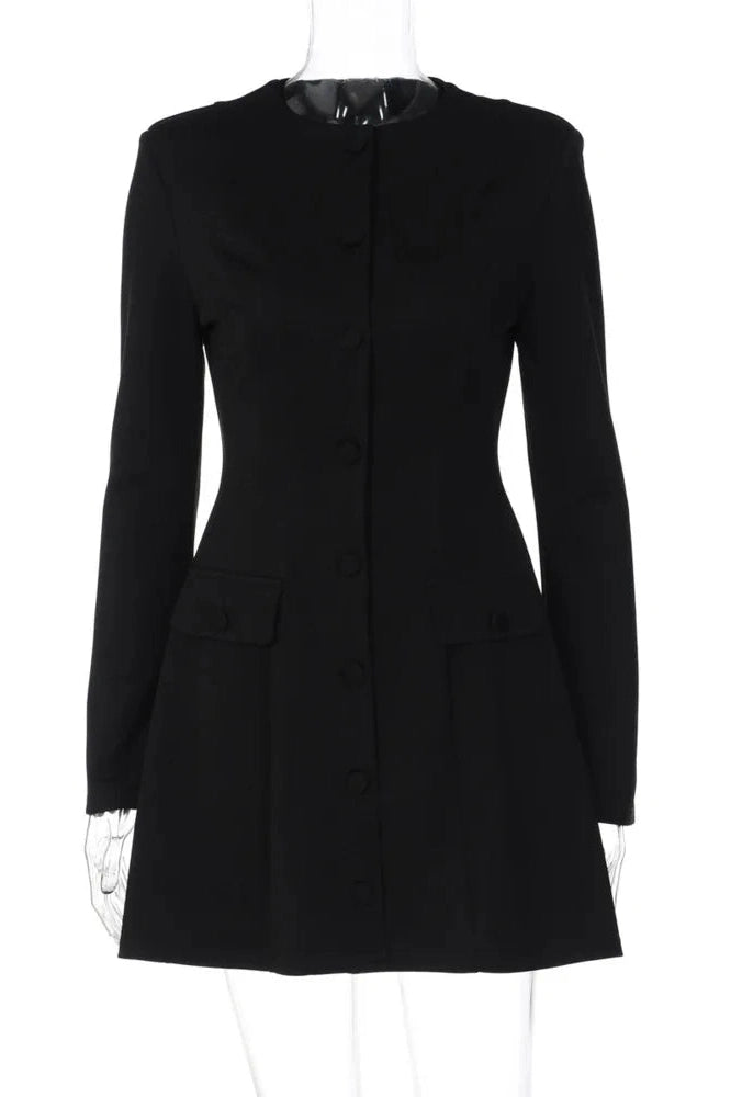 Glorol - Long Sleeve Single-Breasted High Waist A-line Mini Dress