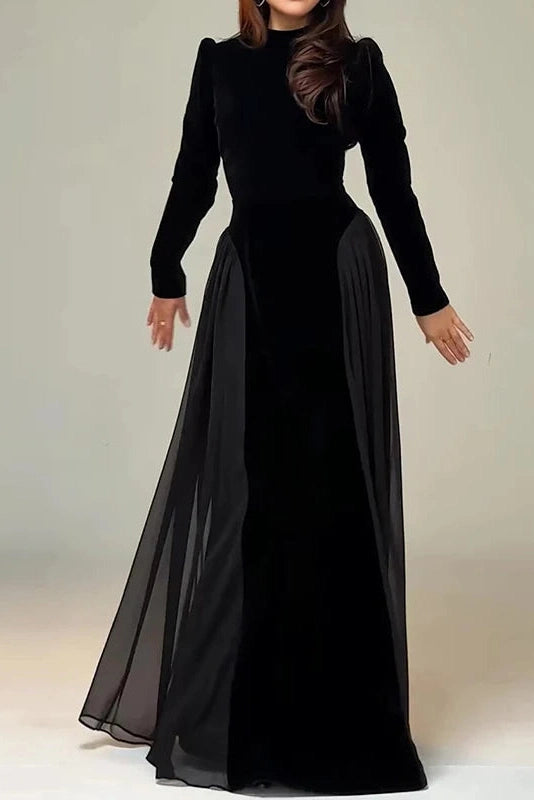Glorol - Elegant Long Sleeve Pleated O-Neck Maxi Dress