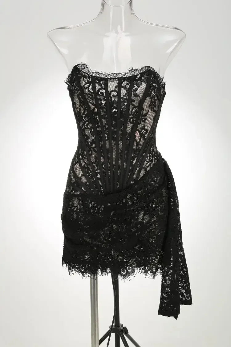 Glorol - Lace See-Through Bodycon Irregular Mini Dress