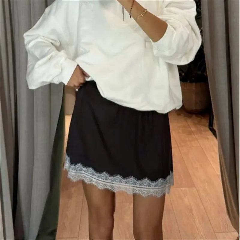 Glorol - Lace Trim Silky Slip Elastic Waist Skirt